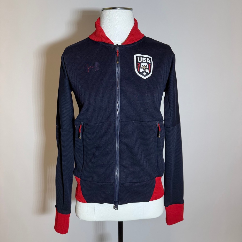 Under Armour USA Olympic Track Jacket Full Zip Navy Red Womens Size XS ColdGear